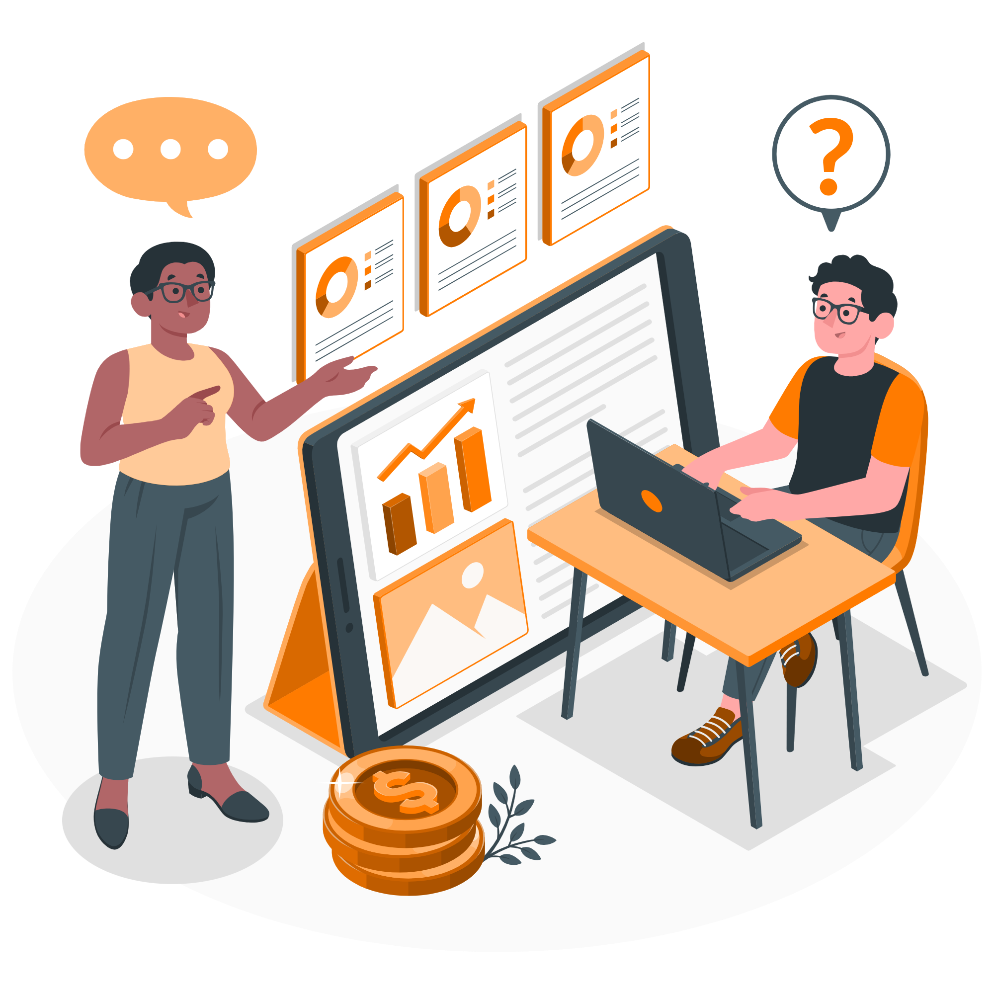 Illustration of web strategy planning with charts and growth insights